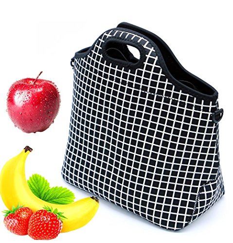 Case Wonder Lunch Bags, Bolsa de almuerzo Neoprene, Bolsa de almuerzo grande aislada, Caja de almuerzo lavable reutilizable para hombres/mujeres/Picnic/Trabajo/Escuela (L, Rejilla Negra)