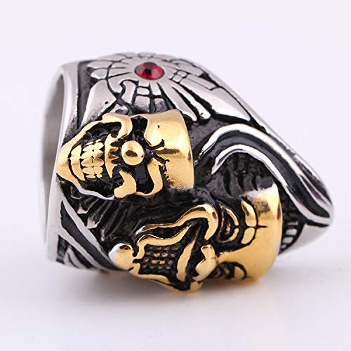 CBCJU Europa y América Retro Titanium de Acero Anillo del cráneo Moda Doble Fantasma Cabeza Anillo dominante Hombres 's Anillo de la joyería de Moda 11# Oro