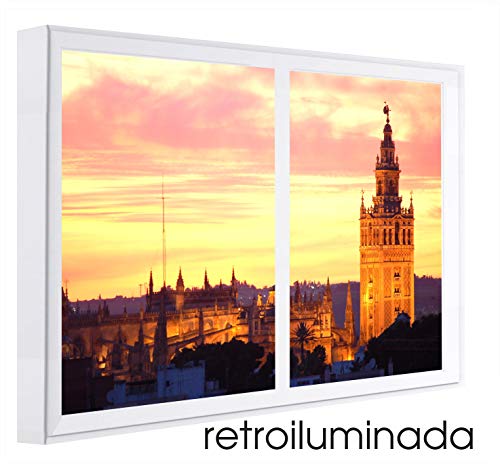 Ccretroiluminados Atardecer en Sevilla Cuadros Decorativos Ventanas Falsas con luz, Metacrilato, Blanco, 60 X 80