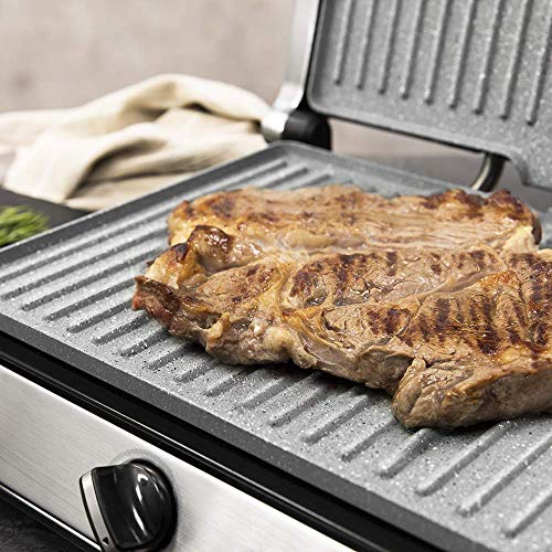 Cecotec Parrilla Eléctrica Rock’nGrill 2400 UltraRapid de 2400W de potencia, Revestimiento de piedra RockStone, Apertura de 180º y placa superior flotante.