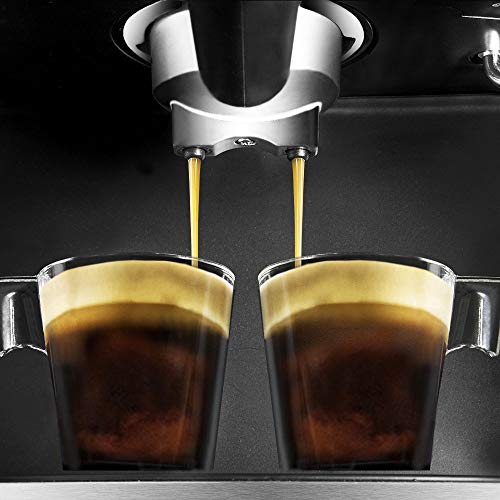 Cecotec Power Espresso 20 - Cafetera Express Manual, 850W, Presión 20 Bares, Depósito de 1,5L, Brazo Doble Salida, Vaporizador, Superficie Calientatazas, Acabados en Acero Inoxidable, Negro/Plata