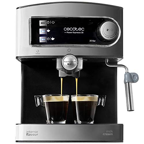 Cecotec Power Espresso 20 - Cafetera Express Manual, 850W, Presión 20 Bares, Depósito de 1,5L, Brazo Doble Salida, Vaporizador, Superficie Calientatazas, Acabados en Acero Inoxidable, Negro/Plata