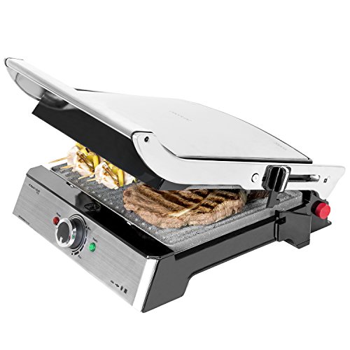 Cecotec Rock'n Grill Pro - Parrilla Eléctrica, Revestimiento de Piedra Rockstone, Placas Extraíbles y Reversibles, Apertura de 180ª, Superficie Amplia 34 x 23 cm, 2000 W, Acero Inoxidable