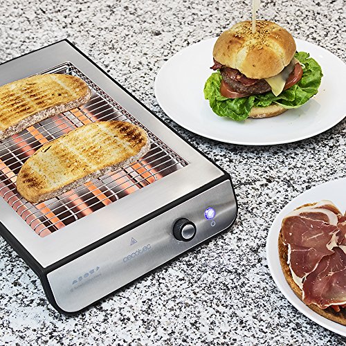 Cecotec Tostador Plano Horizontal Turbo Easy Toast Inox. 3 Resistencias de Cuarzo, 6 Niveles de Potencia, Bandeja Recogemigas, Hueco Recogecables, Acabados en Acero Inoxidable, 900 W