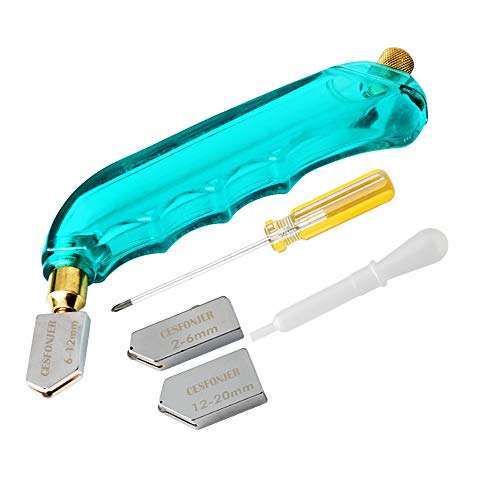 CESFONJER Cortador de Vidrio, Heavy Duty Oil Grip Oil Feed Glass Cutter con cabeza reemplazable adicional y depósito de aceite- 2mm-6mm / 6mm-12mm / 12mm-20mm.