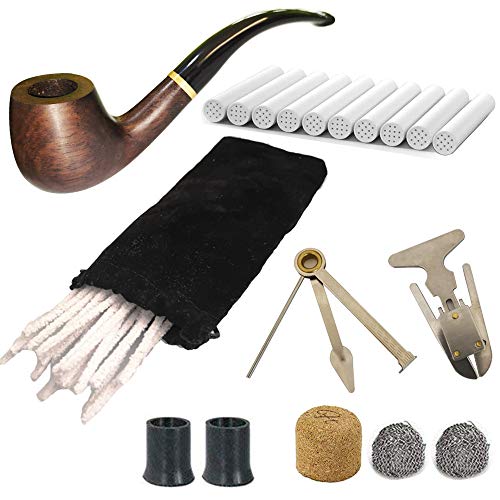 CESFONJER Pipa de Fumar de Material de palo de rosa negro, Pipas de Tabaco de Sándalo con Limpiadores de Pipa, Filtros de Pipa de 9 mm, Espátula de Pipa 3 en 1, Con Bolsillo de Pipa