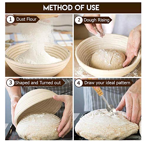 Cesta redonda para pan de 25,4 cm para panes y masa de masa fermentada para panaderos profesionales (con forro de tela, raspador de masa, lamas de pan, libro de recetas gratuito)