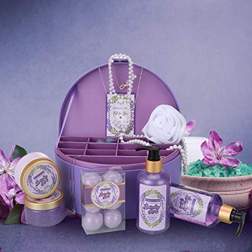 Cestas de regalo de spa para mujeres, set de regalo de baño y cuerpo para ella con estuche de joyería, lavanda lujosa de 12 piezas, el mejor regalo para el día de la madre, cumpleaños, navidad