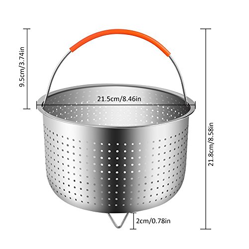 Cestillo Vapor de Acero Inoxidable para una Cocina al Vapor - Cesta Vapor para 6 u 8 Cuartos de galón de Olla instantánea a presión de Olla, con manija Silicona Cubierto para cocinar Verduras (21.5cm)