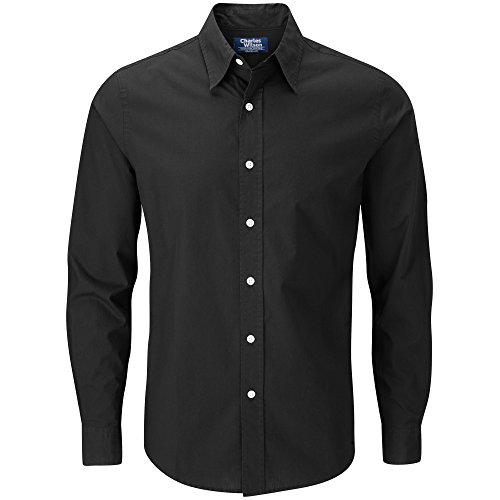 Charles Wilson Camisa Manga Larga Popelina Lisa para Hombre (XXX-Large, Plain Black)