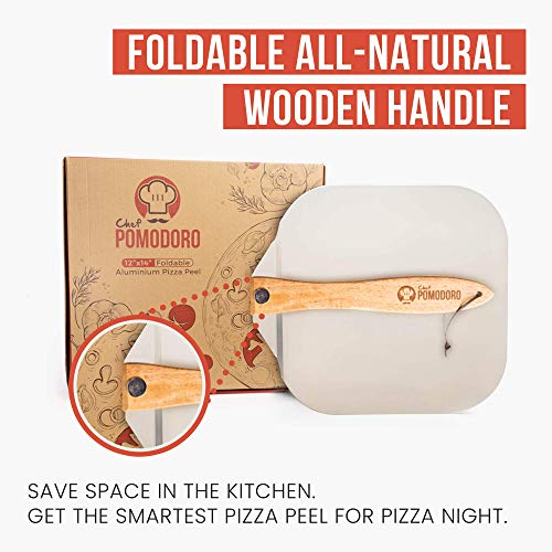 Chef Pomodoro - Pala de pizza de aluminio con mango de madera plegable para un fácil almacenamiento de 12 pulgadas x 14 pulgadas, paleta gourmet de lujo para hornear pan de pizza casero