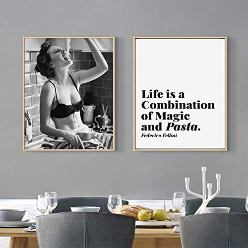 Chihie Spaghetti Woman Print Pasta Moment Poster Wall Art Lienzo Pintura Gourmet Mujer fotografía Cocina Arte decoración-40X60cmx2 sin Marco