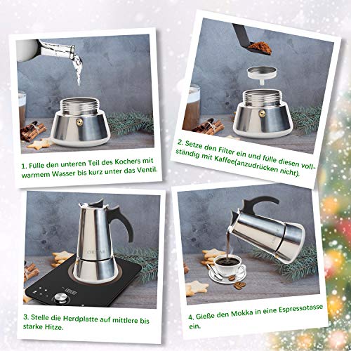 CHISTAR Cafetera Italiana, Cafetera Espresso induccion en Acero Inoxidable, induccion 6 Tazas (300ml)