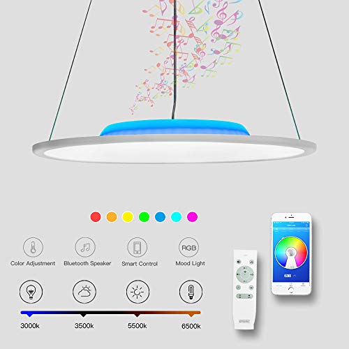 CHYSONGOODS Plafón, lampara led techo colores brillo Iluminación colgante de interior con altavoz bluetooth y mando a distancia para habitación,cocina,sala (2 altavoces 50CM 19.7Inch 36W)