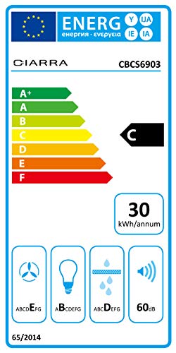 CIARRA Campana Extractora Decorativa 60cm 220m³/h 100W - 3 Velocidades de Extracción - Evacuación al Exterior y Recirculación Interna por Filtro de Carbón CBCS6903 - Acero Inoxidable Plata