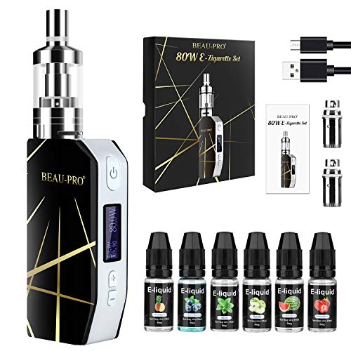 Cigarrillo Electronicos de Vapor sin Nicotina, 80W E/2000mAh Batería Cigarro Electronico Vaporizador Kit con LED Display, 6x10ml 70VG/30PG E-líquido, 3ml Tanque de Evaporadorl, 2x 0.5 ohm Resistencia