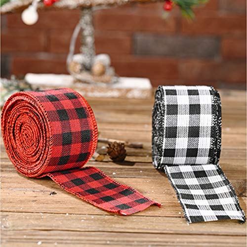 Cinta de arpillera a cuadros, 2 rollos de cintas de Navidad, rojo y negro, cinta de arpillera a cuadros, cinta con cable, cinta para envolver para manualidades navideñas, decoración, lazos florales