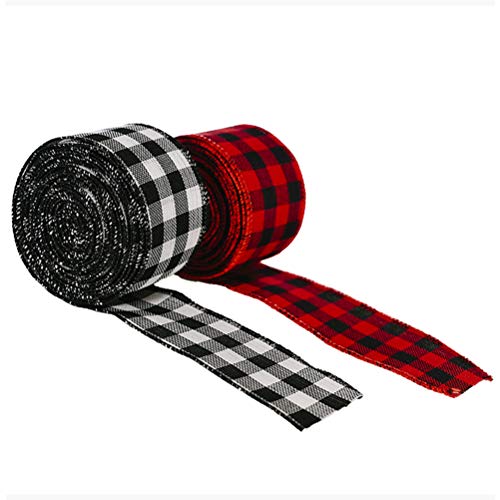 Cinta de arpillera a cuadros, 2 rollos de cintas de Navidad, rojo y negro, cinta de arpillera a cuadros, cinta con cable, cinta para envolver para manualidades navideñas, decoración, lazos florales