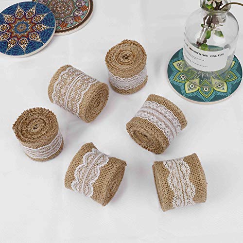 Cinta de arpillera de Encaje Rollo de cinta artisanal Adornos de yute para bricolaje, Rústico Decoración de bodas, decoración del hogar y envoltura de regalos, 6 rollos