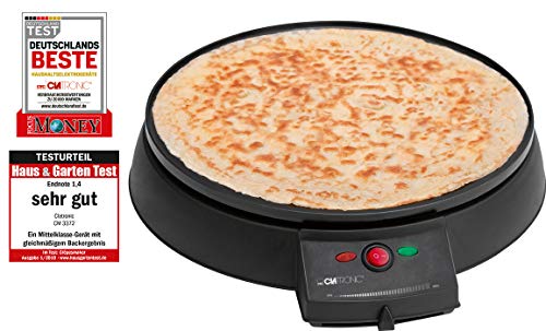 Clatronic CM 3372 Máquina de hacer crepes, tortitas, tortillas, plato 29 cm antiadherente, termostato regulable, 900 W, Cristal, Negro