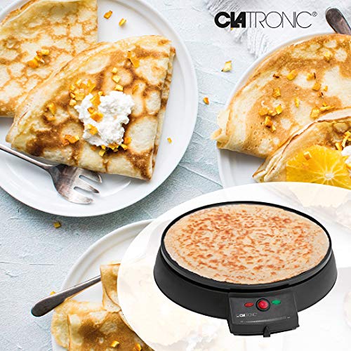 Clatronic CM 3372 Máquina de hacer crepes, tortitas, tortillas, plato 29 cm antiadherente, termostato regulable, 900 W, Cristal, Negro