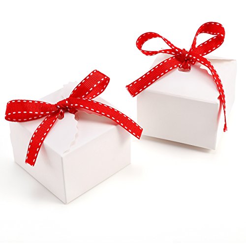 CLE DE TOUS - Set de 50 Cajas para dulces bombones Cajitas de boda regalo Caja de cuadro Romántico con cinta rojo Cube Favour Boxes