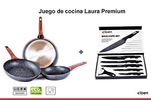 CLOEN Set de Cuchillos + 3 Sartenes de Aluminio con Revestimiento de mármol y Mango Suave de baquelita Efecto Madera, Medidas 20-24-28 cm. Set Laura by (Cuchillos Black Premium)