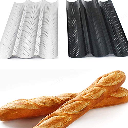 CLTYQ Hornear Pan Bandeja Antiadherente Pan francés moldes para Hornear 3 Ranura Baguette Pan Marco Soporte del Molde (Plata)