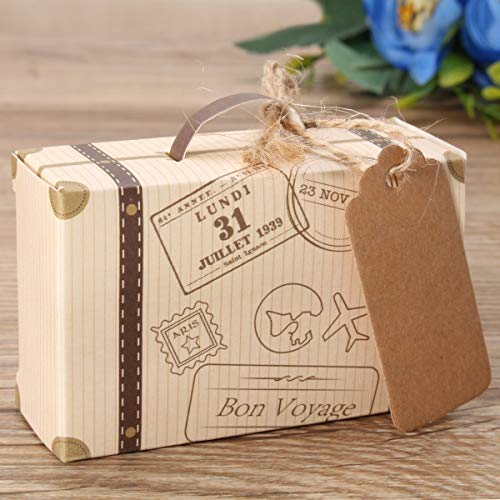 CNNIK 100 Piezas Mini maleta Caja Caja Favor Caramelo Caja Vintage Papel Kraft con etiquetas y hilo de arpillera para bodas/Viajes Fiesta temática Invitado Boda Ducha nupcial