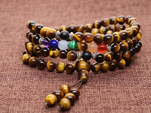 COAI® Collar de Piedras 7 Chakra 108 Cuentas Mala Ojo de Tigre con Cuerda Elástica 6mm