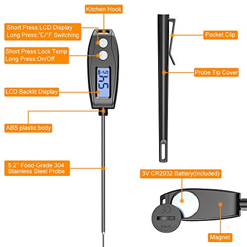 Cocoda Termometro Cocina Digital, 5.2'' Sonda Larga Termometro Horno de Lectura Instantánea, IPX6 Impermeable, Pantalla LCD Retroiluminada, Termometro Cocina para Carne, líquidos, Reposteria