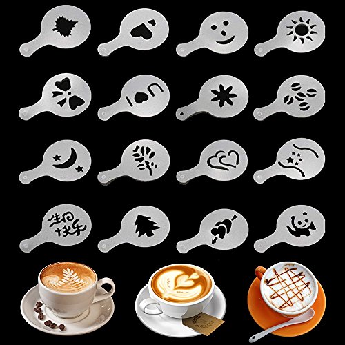 Coffee Art Maker Set - 1 pieza de café Barista Latte, 16 piezas / 1 juego de plástico Latte arte Stencils, 1 pieza de café de la tapa de tamiz, 2 piezas / 1 Set espiral patrón Coffee Mixing Spoon