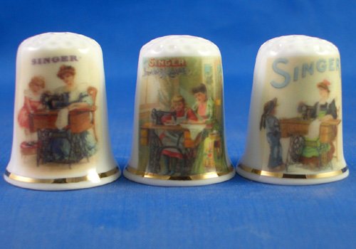 Colección de dedales de porcelana china, juego de tres costureras Singer
