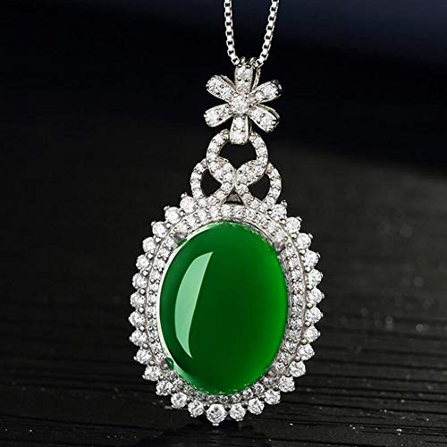 Collar de plata para mujer Calcedonia verde con colgante de diamante completo