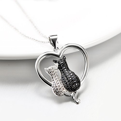 Collares Mujer Plata de Ley Madre e Hijo Gatos Colgante Collar de Corazón Joyeria para Mujeres