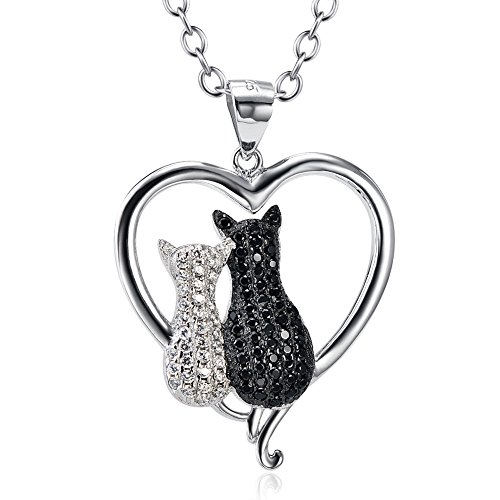 Collares Mujer Plata de Ley Madre e Hijo Gatos Colgante Collar de Corazón Joyeria para Mujeres