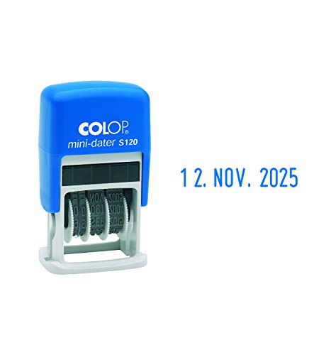 COLOP Mini Dater S 120, fecha en alemán (ZB 25. NOV. 2025), impresión azul, en caja de cartón plegable.