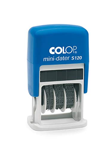 COLOP Mini Dater S 120, fecha en alemán (ZB 25. NOV. 2025), impresión azul, en caja de cartón plegable.