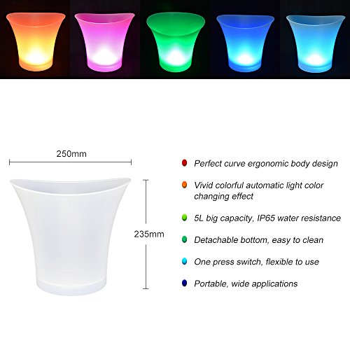 Colorido LED Luz Hielo Cubo de Champán,LED Ice Bucket 5L de alta capacidad 6 colores cambiantes Champagne Vino Bebidas Cerveza Hielo Enfriador Curva Diseño Bar Club Pub