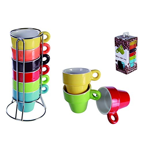 com-four® 6 tazas de espresso de cerámica en varios colores brillantes con soporte cromado, 5 x 5 cm (06 piezas - coloridas)