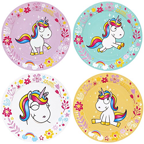 com-four® Juego de Vajilla para Fiesta Unicorn de 56 Piezas con Motivos de Unicornio para 24 Personas, Platos de Papel y Vasos de Papel para Niños (56 Piezas Amarillo/Rosa/Turquesa/Blanco)