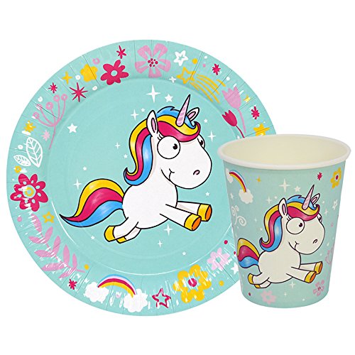 com-four® Juego de Vajilla para Fiesta Unicorn de 56 Piezas con Motivos de Unicornio para 24 Personas, Platos de Papel y Vasos de Papel para Niños (56 Piezas Amarillo/Rosa/Turquesa/Blanco)