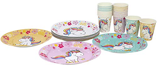 com-four® Juego de Vajilla para Fiesta Unicorn de 56 Piezas con Motivos de Unicornio para 24 Personas, Platos de Papel y Vasos de Papel para Niños (56 Piezas Amarillo/Rosa/Turquesa/Blanco)