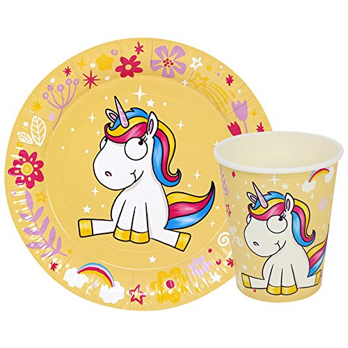 com-four® Juego de Vajilla para Fiesta Unicorn de 56 Piezas con Motivos de Unicornio para 24 Personas, Platos de Papel y Vasos de Papel para Niños (56 Piezas Amarillo/Rosa/Turquesa/Blanco)