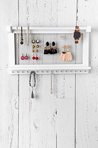 Comfify Organizador de joyería rústica Joyero de Pared con Pulsera de pie, Estante y 16 Ganchos extraíbles - Pendientes, Collares y Pulseras Expositor de Joyas Vintage - Blanco