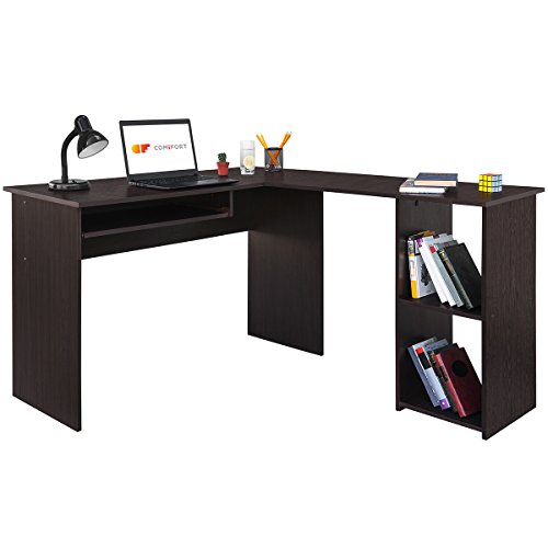 COMIFORT Escritorio Forma L - Mesa de Estudio con Estantería de Estructura Firme, Moderna y Minimalista con 2 Baldas Espaciosas y de Gran Capacidad, Color Wengué