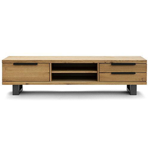 COMIFORT Mueble de TV - Mesa de Roble Macizo para Salón Moderno, Estilo Nórdico, con 3 Cajones y 2 Estantes, Patas de Acero con Acabado Grafito, Color Ahumado