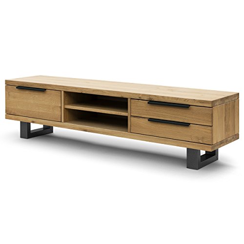 COMIFORT Mueble de TV - Mesa de Roble Macizo para Salón Moderno, Estilo Nórdico, con 3 Cajones y 2 Estantes, Patas de Acero con Acabado Grafito, Color Ahumado