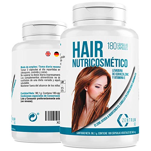 Complemento alimenticio de zinc, levadura de cerveza y vitamina E para ayudar a prevenir la caída del cabello – Suplemento de vitaminas para fortalecer el pelo – 180 cápsulas vegetales