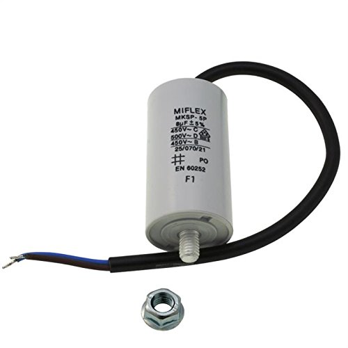 Condensador de Arranque de Motor de Miflex; Capacidad 8µF, tensión 450 V, Dimensiones 35 x 65 mm, Cable M8